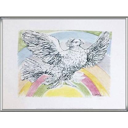 ポスター アート Flyng Dove with Rainbow Background（パブロ ピカソ） 額装品 アルミ製ハイグレードフレーム