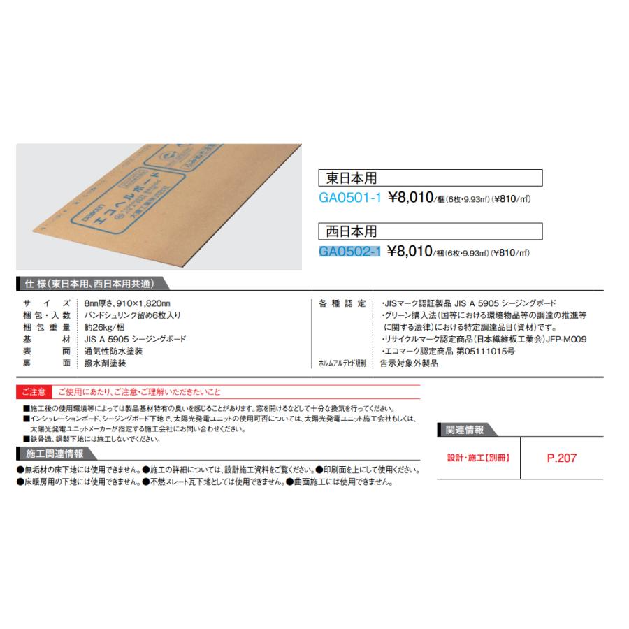 大建工業【エコヘルボード 8×910×1,820mm GA0501-1 6枚入】DAIKEN 