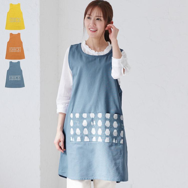 フクロウ柄エプロン ワンピース エプロン ゆったり 綿 コットン