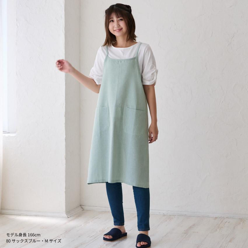 momono-hana『シャンブレーリネンのエプロンワンピース』 シャンブレー ワンピースエプロン ワンピース エプロン 無地 ロング丈