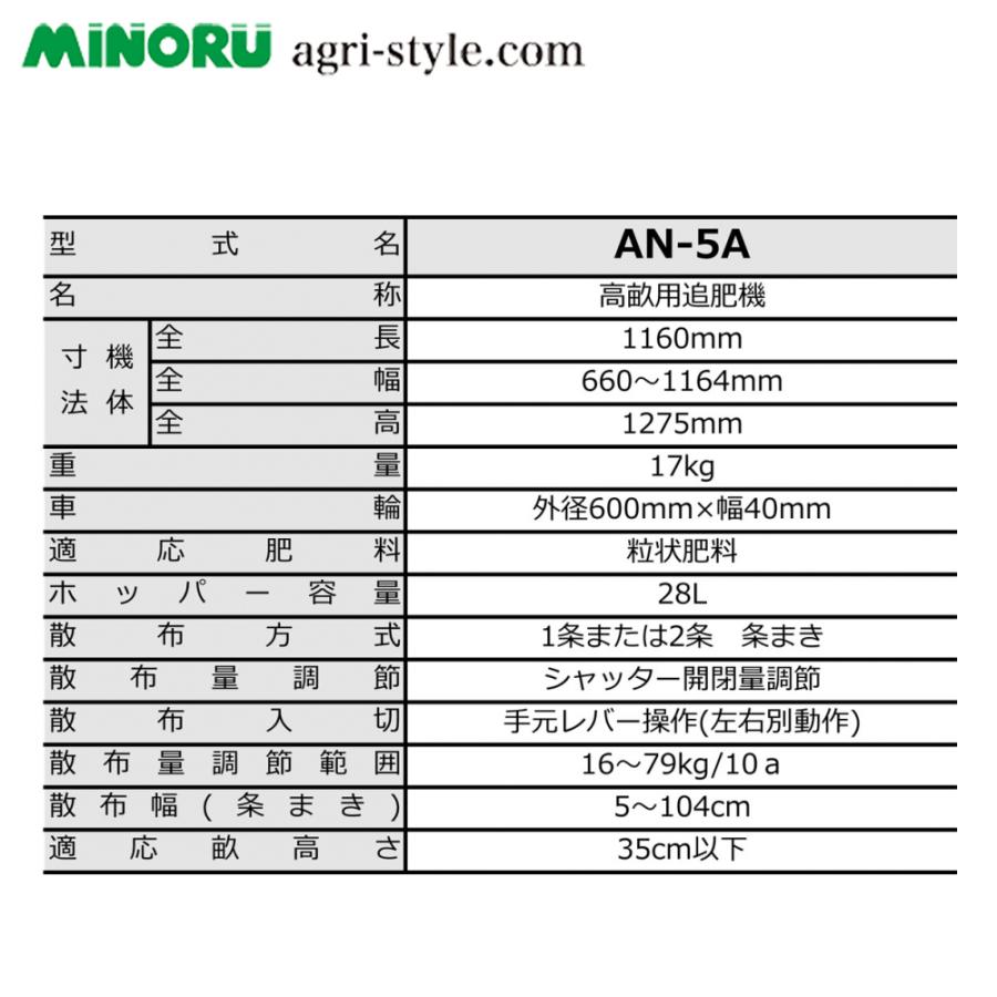 みのる産業 高畝用追肥機 AN-5A 畝高さ35cmまで対応 6〜79kg/10a散布 法人様限定の画像
