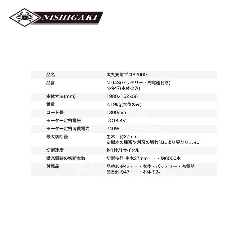 ニシガキ 充電式太剪定ばさみ 太丸充電プロ2000 N-947 本体のみ スピードタイプ 電動 果樹 高枝 樹木 剪定 剪定バサミ はさみ 法人様限定の画像
