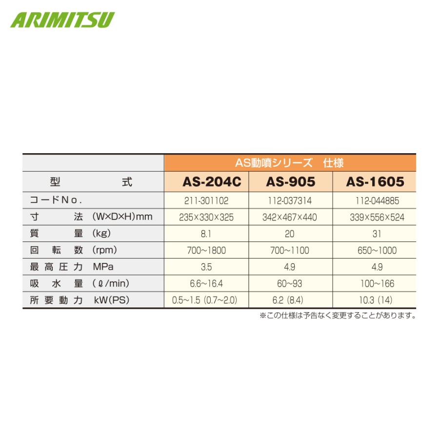 有光工業 アリミツ 動力噴霧機 AS-204C 最高圧力3.5MPa 大型でも静かさ 