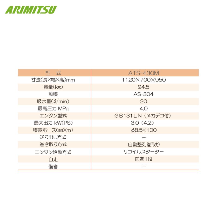 有光工業 アリミツ 自走式動噴 ATS-430M 吸水量20L/min 最高圧力4.0MPa