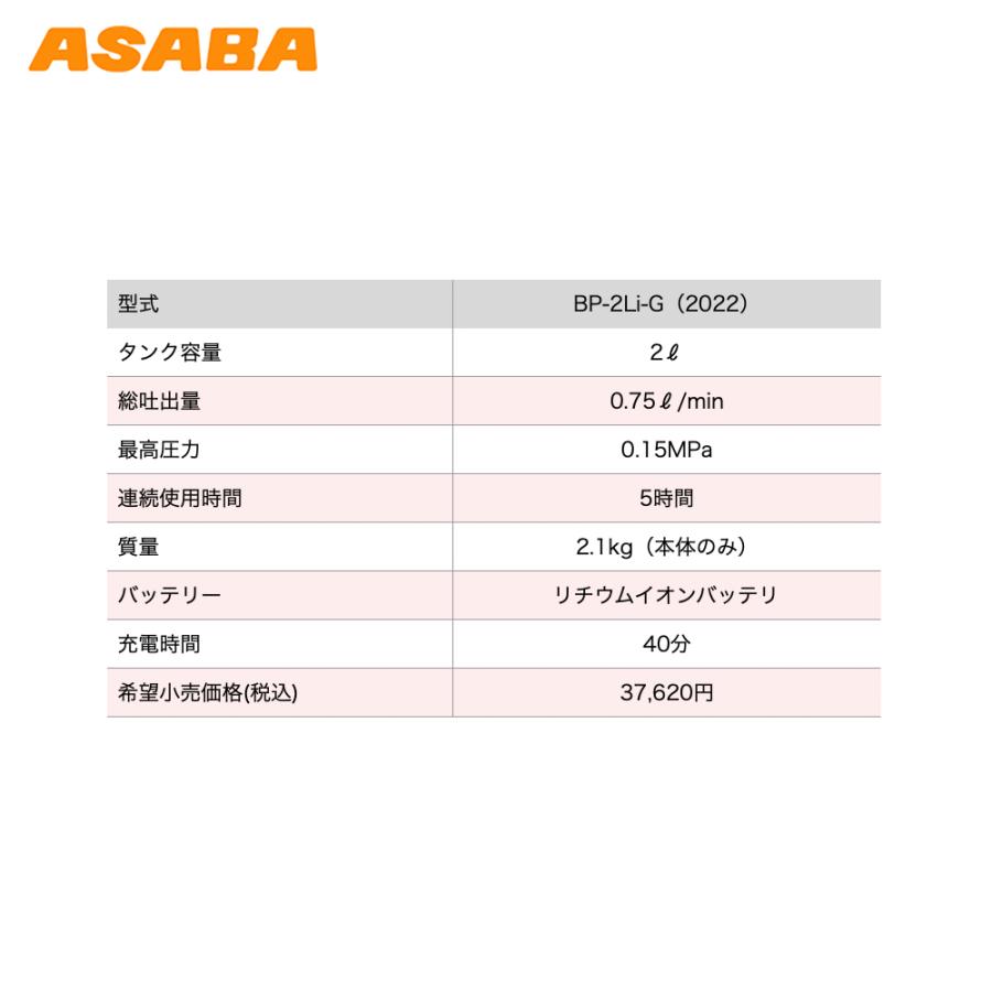 麻場｜asaba　バッテリ式ジベ処理機　ジベ★スター葵BP-2Li-G　2022　※オプションは別売り　450125560　タンク容量2L