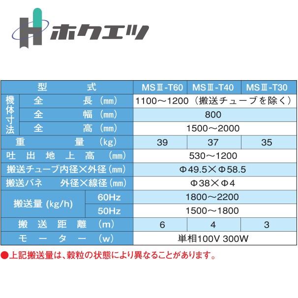 ホクエツ 穀物搬送機 バネアップ MSIII-T30 搬送距離：3M 単相/100V 