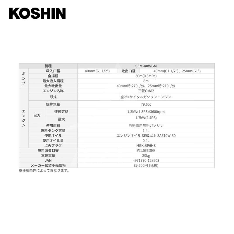 KOSHIN 工進 ハイデルスポンプ 三菱4サイクル SEM-40WGM (SEM-40WGM