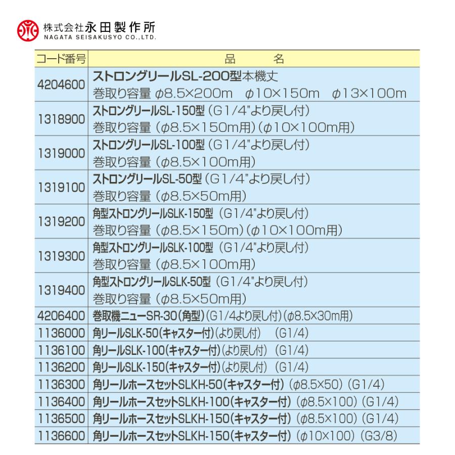 永田製作所｜NAGATA　ホース巻取機　角リールホースセット　SLKH-100　キャスター付　G1　1136400　φ8.5×100