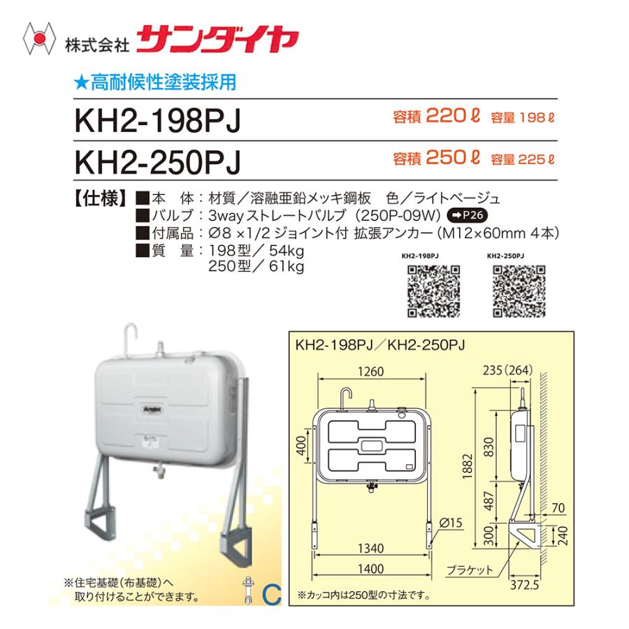 サンダイヤ 灯油タンク 容量225L 壁付ハーフ250型 SUNDIA 3Way