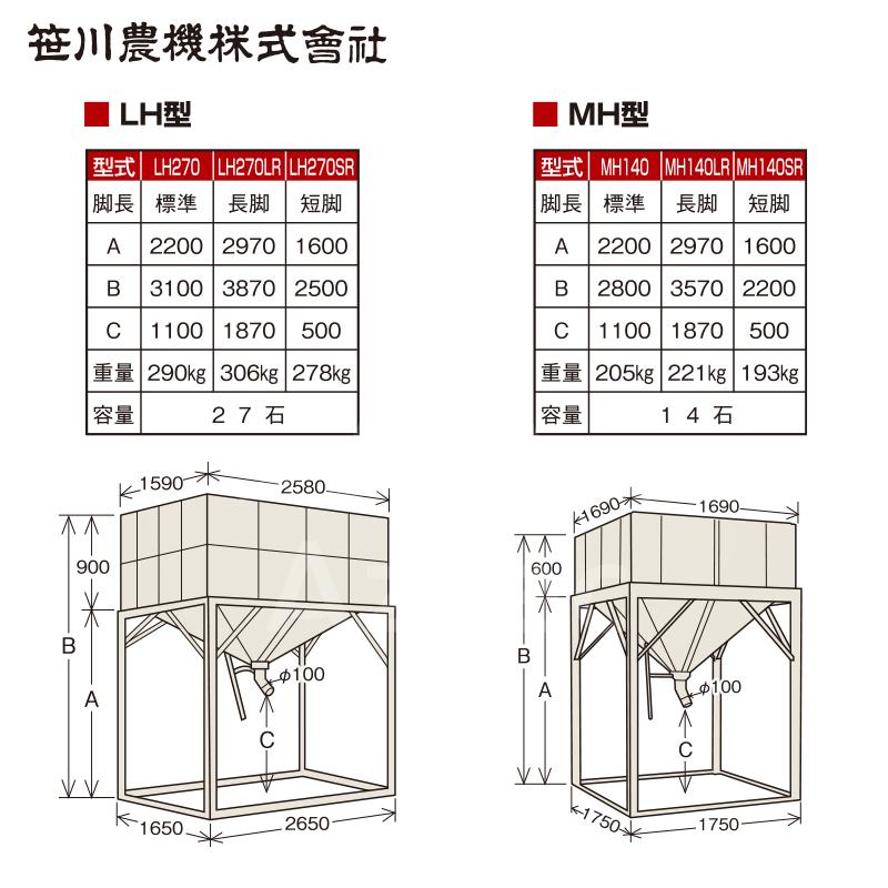 笹川農機 自立型籾貯蔵タンク スタンドホッパー MH140LR 長脚モデル