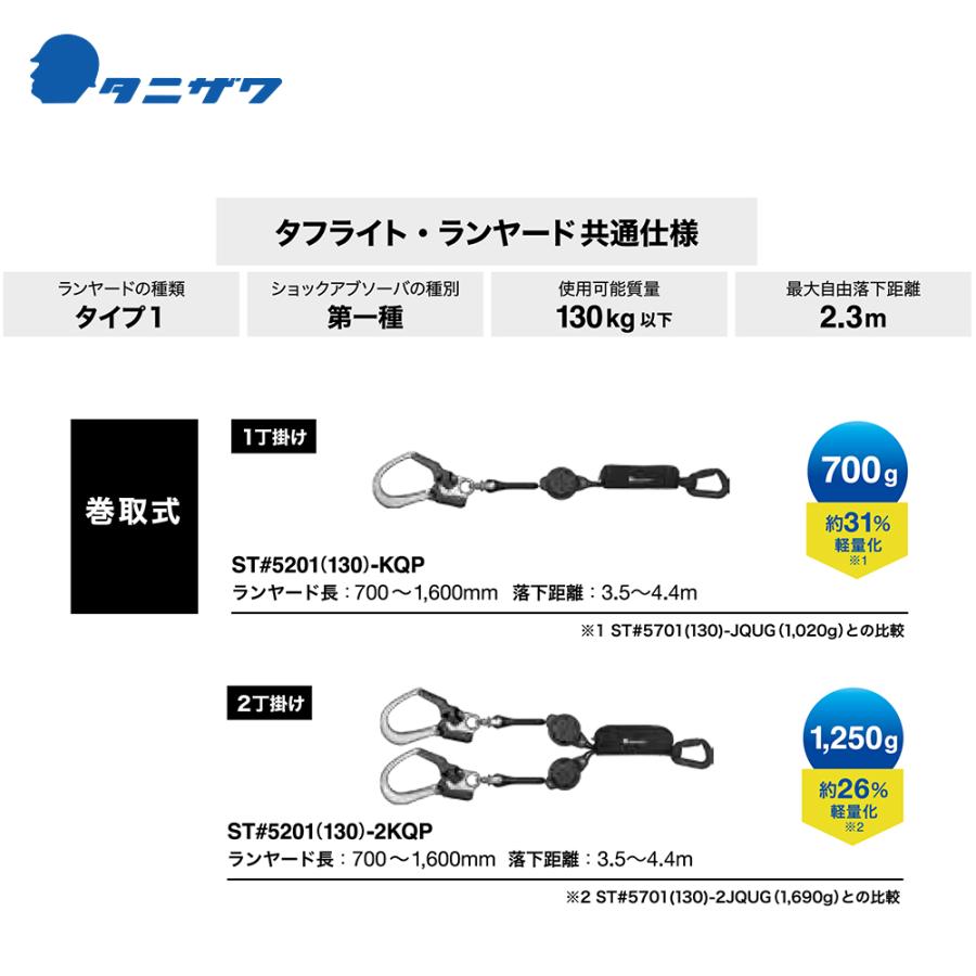 タニザワ｜ハーネス 巻取ランヤード ST#5201(130)-2KQP 2丁掛け ランヤード長700〜1,600mm 落下距離3.5〜4.4m 5201(130)-2KQP｜aztec｜02