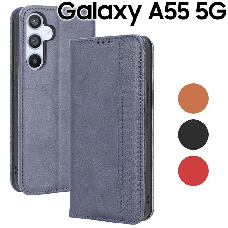 Galaxy A55 5G ケース 手帳 チェック柄 合革 レトロ ギャラクシーa55