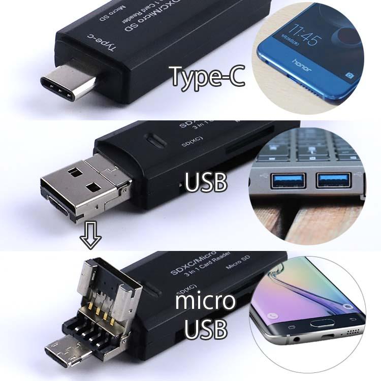 type-C/microUSB/USBに対応microSD/SD 読み込み可能なカードリーダー