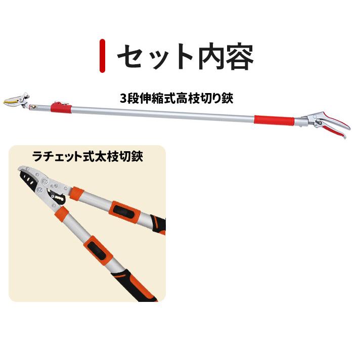 高枝切りバサミ 3段伸縮式高枝切鋏 ラチェット式伸縮太枝切鋏