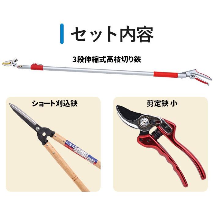高枝切りバサミ園芸3点セット3段伸縮式高枝切鋏＆ショート刈込鋏&剪定