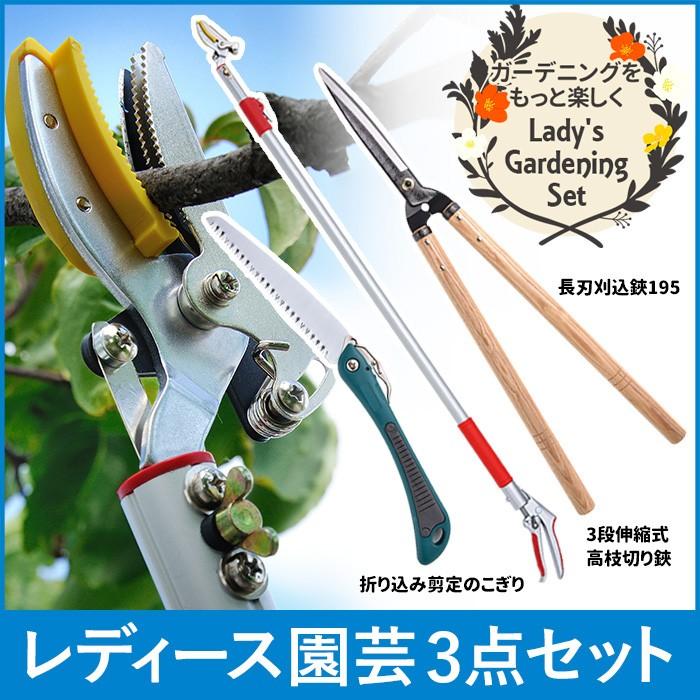 高枝切りバサミ園芸3点セット3段伸縮式高枝切鋏＆長刃刈込鋏＆折込剪定