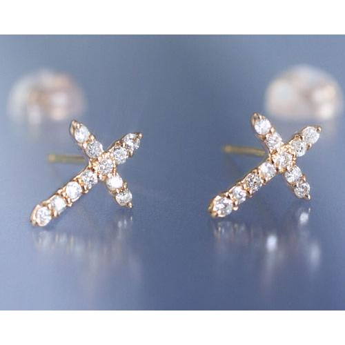 ダイヤモンド0.2ct クロス スタッド ピアス K18ピンクゴールド 4月 