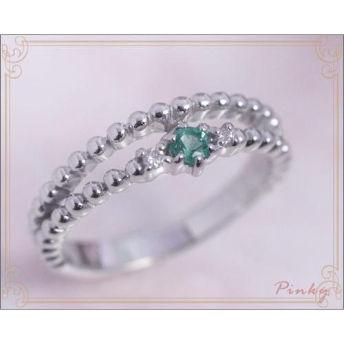 ピンキーリング エメラルド ダイヤモンド K10ホワイトゴールド 10k 指輪 華奢 二連風 天然石 5月誕生石 バースディ・ティアラ