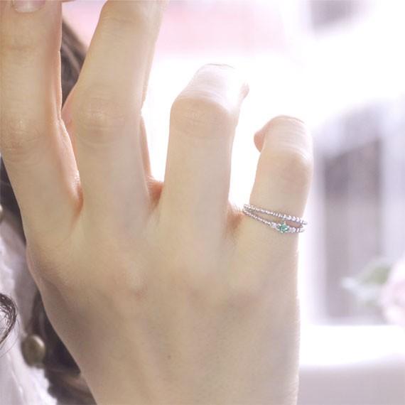 ピンキーリング エメラルド ダイヤモンド K10ホワイトゴールド 10k 指輪 華奢 二連風 天然石 5月誕生石 バースディ・ティアラ
