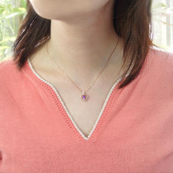 ネックレス アメジスト ダイヤモンド0.03ct カラット ハート K10ピンク 