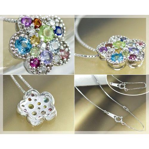 天然石マルチストーン16石(11種) フラワー ネックレス K10 ホワイト