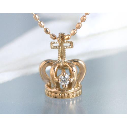 ネックレス ダイヤモンド クラウン 王冠 クロス K10ピンクゴールド 4月