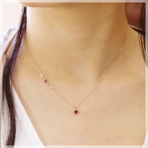 ネックレス ガーネット 3mm サイドポイント アメジスト ローズクォーツ ラウンド K10ピンクゴールド 1月誕生石の画像