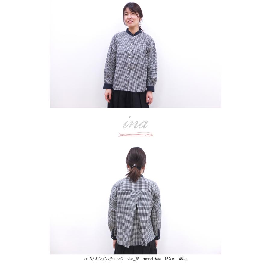 [D] 【SALE・セール】 イナ ina チェック ギンガムチェック 千鳥格子 綿麻 リネン シャツ ブラウス 日本製 レディース 後ろヨークタック綿麻ブラウス | イナ | 05