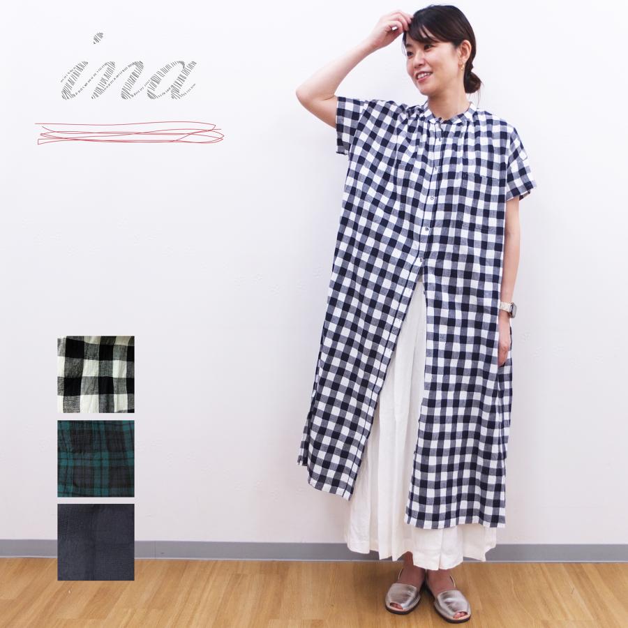 [B] 【SALE・セール】イナ ina ワンピース チェック シャツワンピース 日本製 レディース シンプル ナチュラル 半袖 綿麻チェックワンピース | イナ