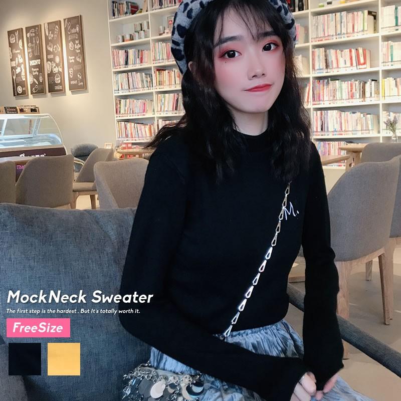 韓国 ファッション レディース ニット セーター モックネック 秋冬 トップス ワンポイント 刺繍 おしゃれ スウェット フリーサイズ Stptw003 ペアルック専門店 Like 通販 Yahoo ショッピング