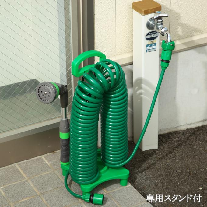 ホース 首振りガーデンコイルホース 12m ピンク グリーン 専用スタンド