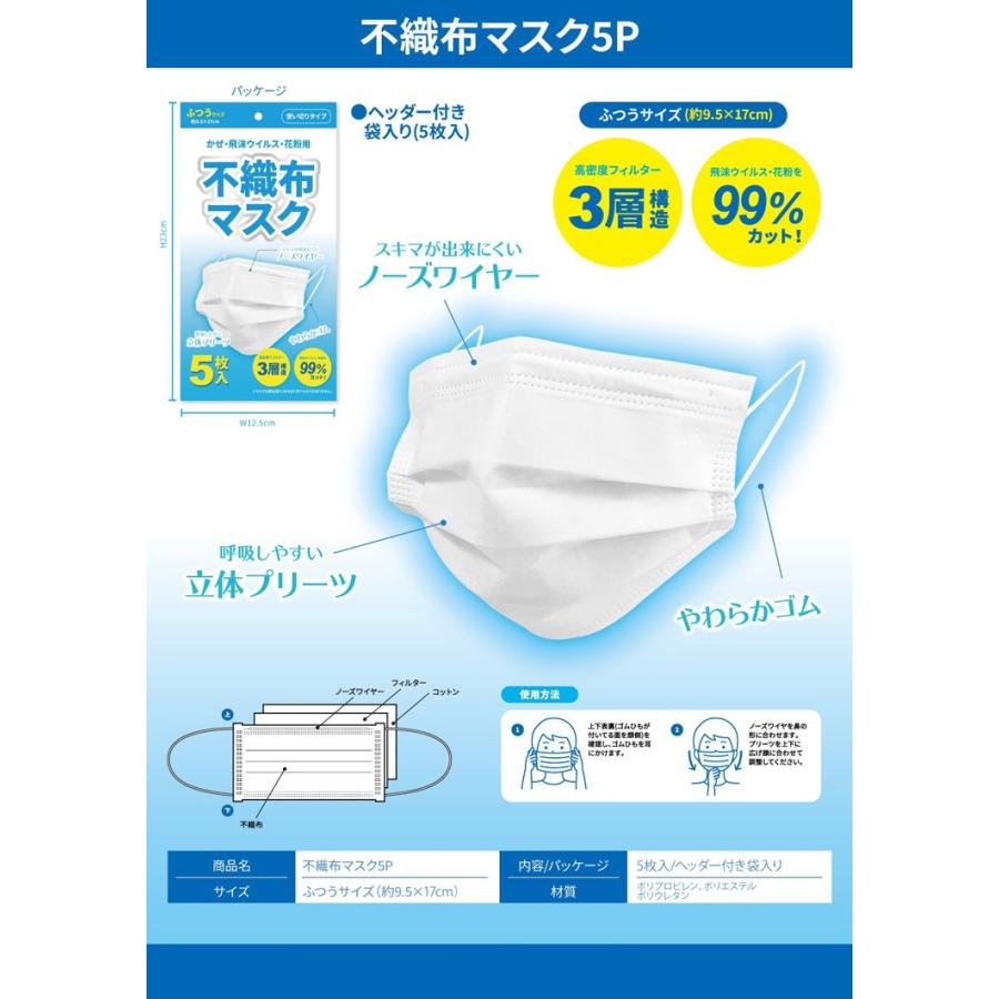 不織布マスク プリーツ マスク 5枚 入り 白 ホワイト 3層構造 ( ふつう