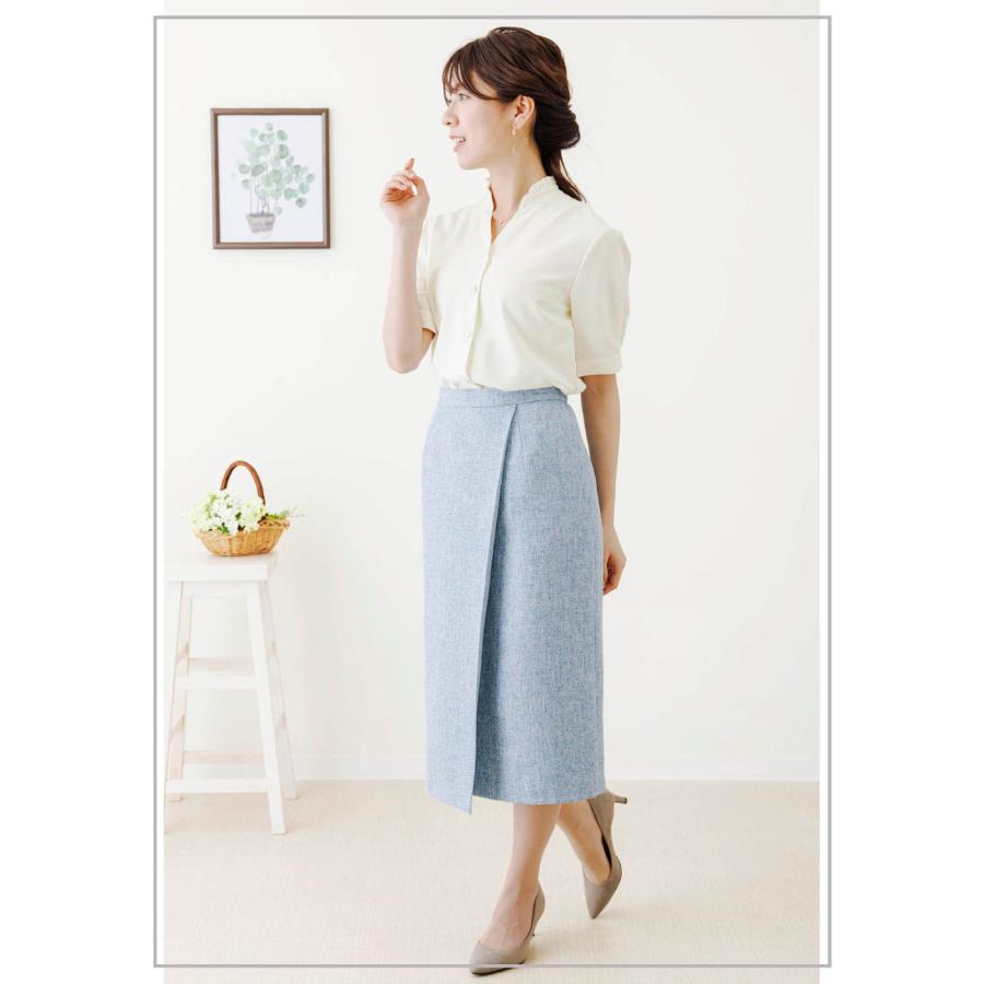 ブラウス 半袖 透けにくい スタンド フリル シャツ きれいめ 夏 V