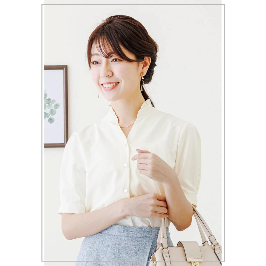 ブラウス 半袖 透けにくい スタンド フリル シャツ きれいめ 夏 V