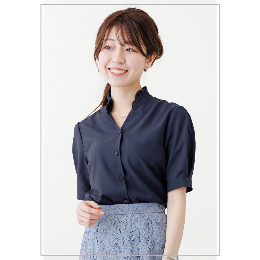 ブラウス 半袖 透けにくい スタンド フリル シャツ きれいめ 夏 V