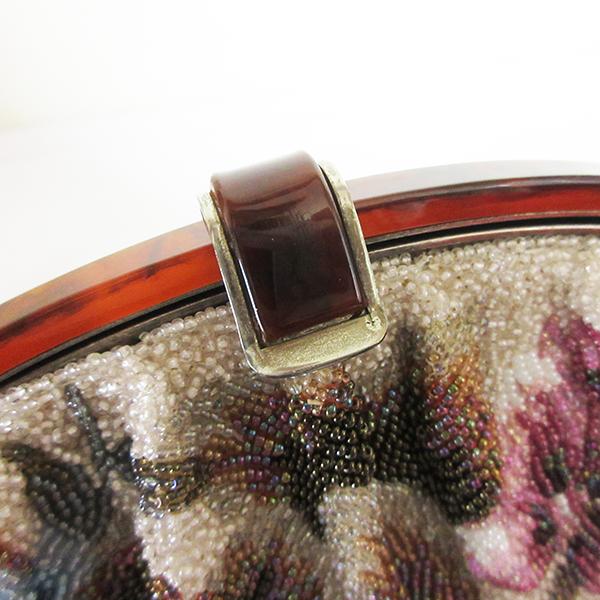 がま口 ハンドバッグ 総ビーズ 花柄 べっ甲 ヴィンテージ ミラー