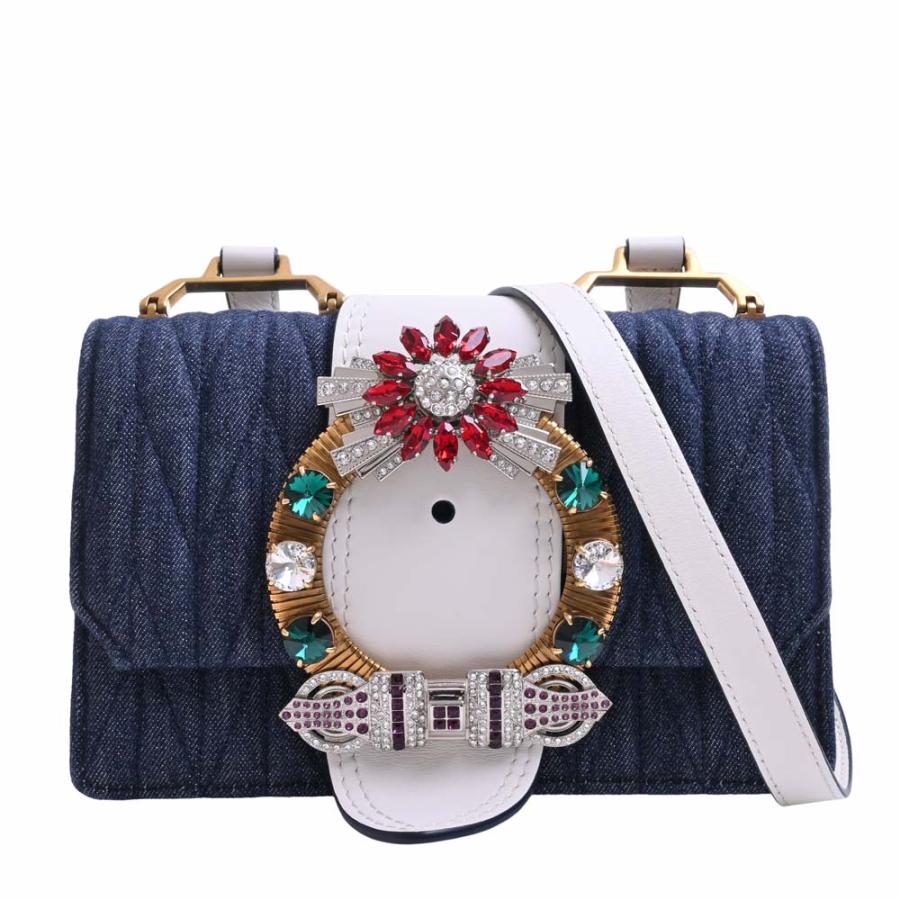 miu ミュウミュウ デニム レザー クリスタル ショルダーバッグ ブルー 