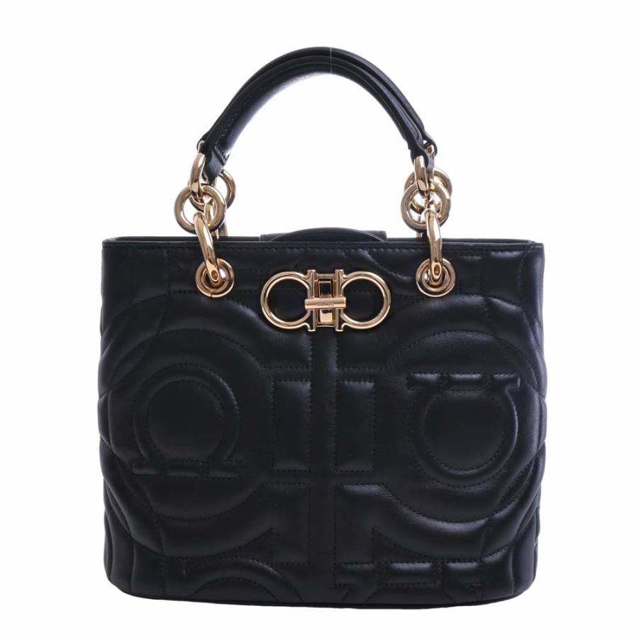 フェラガモ ダブル ガンチーニ レザー ハンドバッグ　ブラック FERRAGAMO（フェラガモ） レザー ガンチーニ 2WAY ハンドバッグ