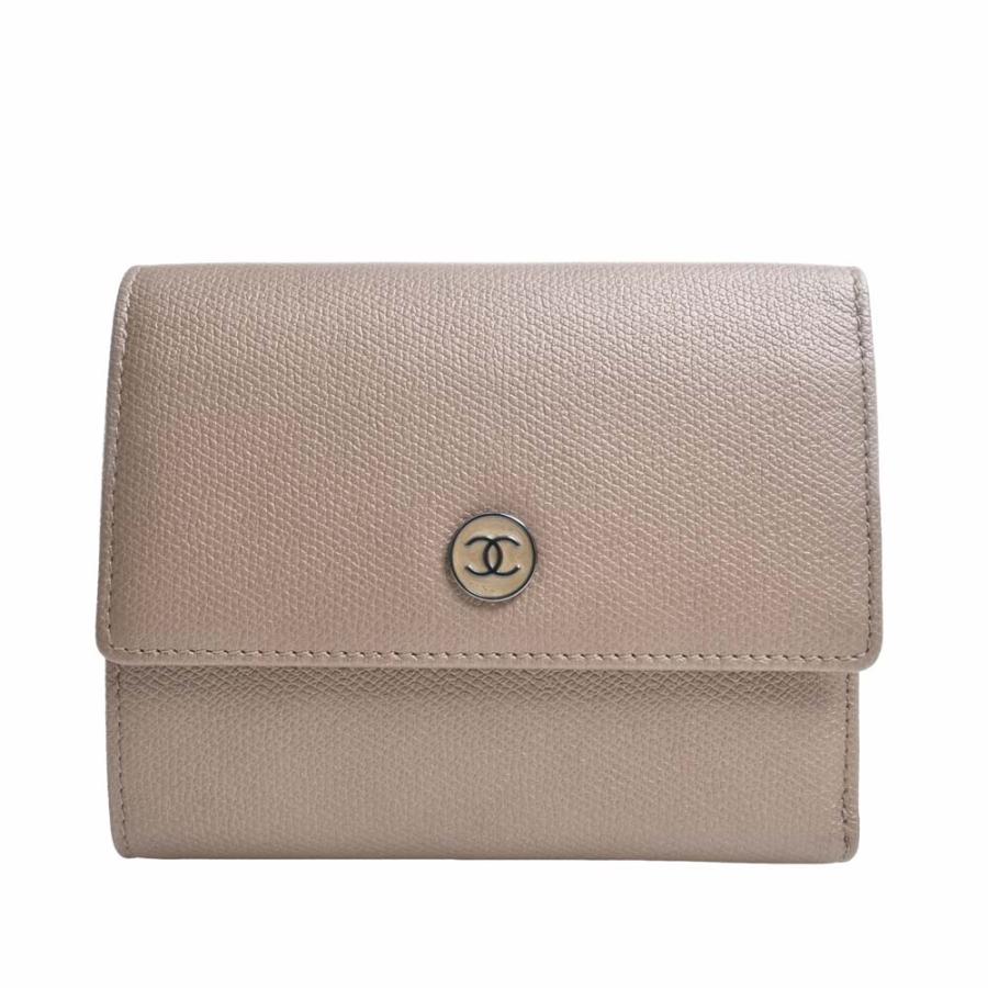 CHANEL シャネル レザー ココボタン 三つ折り コンパクト財布 ベージュ 