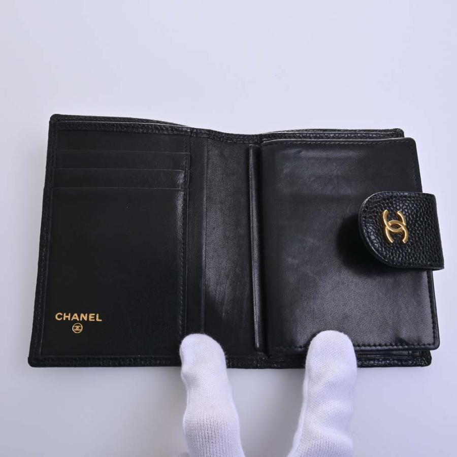 シャネル キャビアスキン がま口 コンパクト ウォレット ブラック ビコローレ CHANEL シャネル キャビアスキン ビコローレ ココマーク がま口