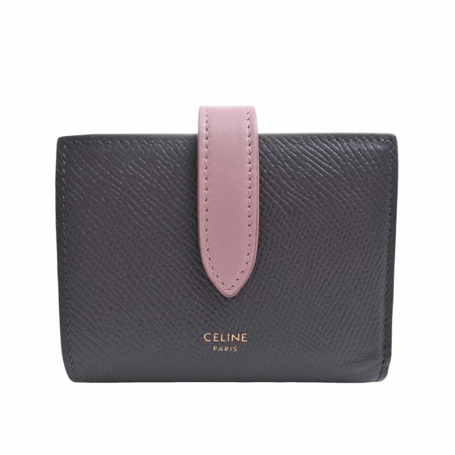 セリーヌ　折り財布　スモールストラップウォレット　ダークグレー　ピンク CELINE セリーヌ レザー ストラップウォレット スモール 二