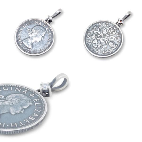 SILVER(アクアシルバー) 【サンセット】 (4月)ダイヤモンド6ペンスコインシルバーペンダントトップ 誕生石