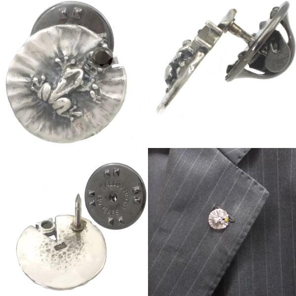 ブラックジルコニア カエルとスイレン シルバー ピンバッジ ピンズ