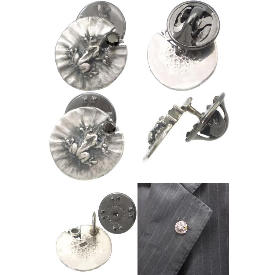 ブラックジルコニア カエルとスイレン シルバー ピンバッジ ピンズ