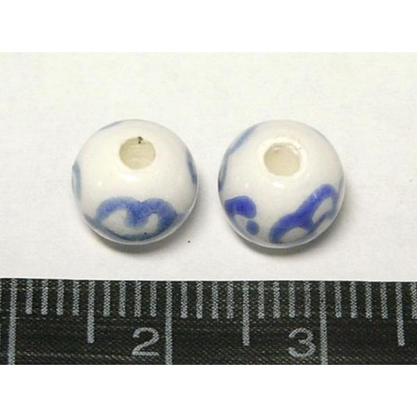 ◇陶器ビーズ連◇ラウンド 約8mm 青絵 花 29個 06-0818 : Bクラフト