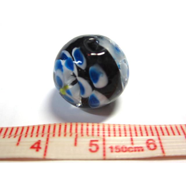 ◇高級トンボ玉◇ラウンド 約16mm 1粒 花模様 青黒 06-1371 : B