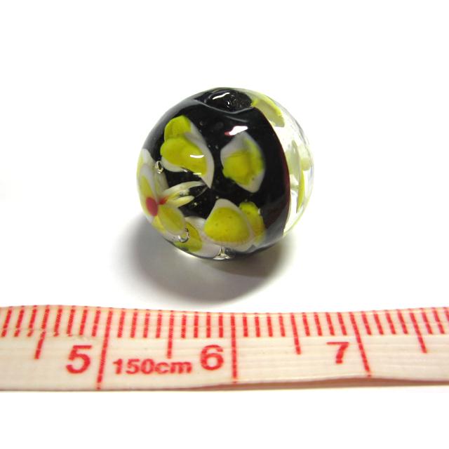 ◇高級トンボ玉◇ラウンド 約16mm 1粒 花模様 黄黒 06-1372 : B