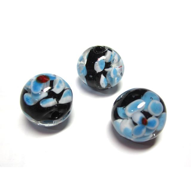 ◇高級トンボ玉◇ラウンド 約16mm 1粒 花模様 水色黒 06-1373