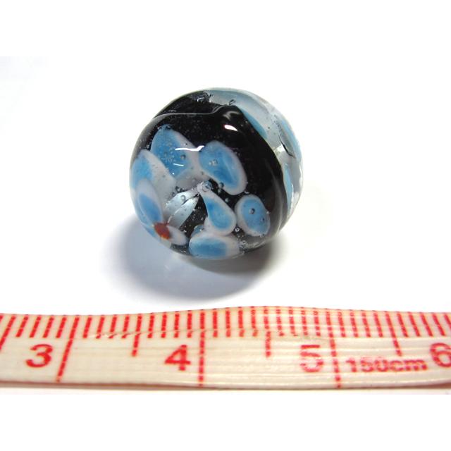 ◇高級トンボ玉◇ラウンド 約16mm 1粒 花模様 水色黒 06-1373