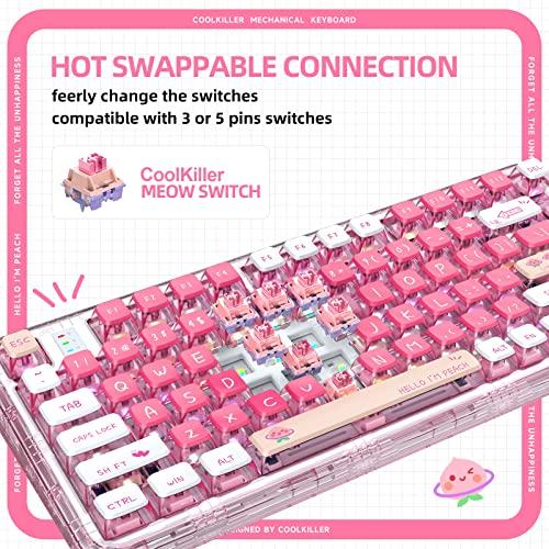 YUNZII Coolkiller CK75 無線 ホットスワップメカニカルキーボード 透明アクリル ガスケット装着 ワイヤレス キーボード Windows/Mac用(Meow Switch，ピーチピン Bluetooth